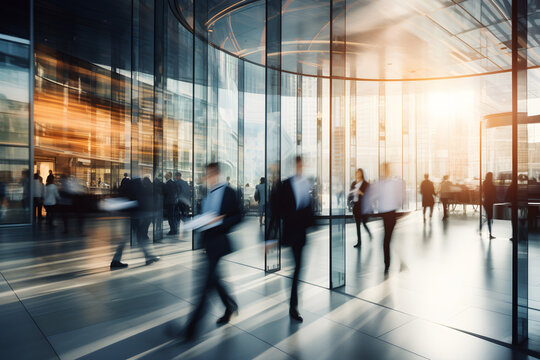 Modern business workplace with people in walking in during day time. motion blur