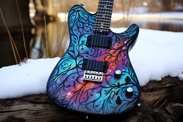 artistic guitar on a sun-settling winter background.