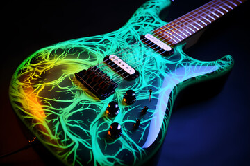 a colorful guitar with illuminating neuron art on it