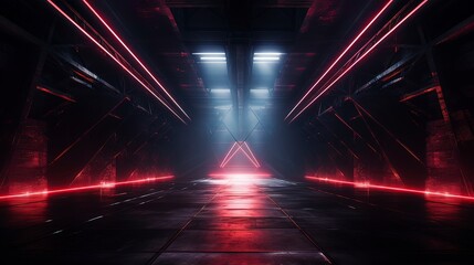 Dark neon corridor. Sci Fy neon glowing lamps in a dark tunnel. Reflections on the floor and walls, rays and spotlights. Generation AI