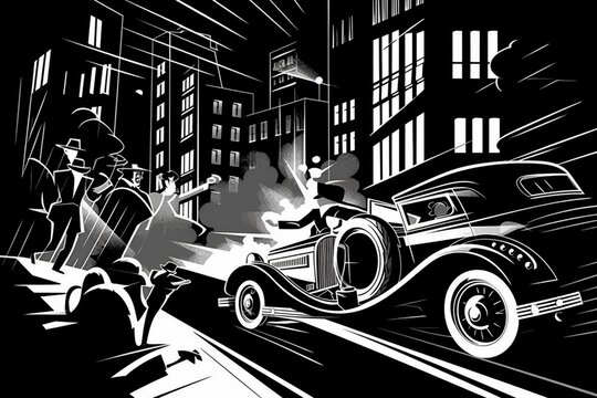 Retro 1920s gangsters engage in a car chase and shootout in a black and white cartoon illustration with art deco style. Generative AI