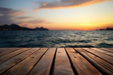 Fototapeta na wymiar Sunsets warmth Blurry sea sunset complements an empty wooden table