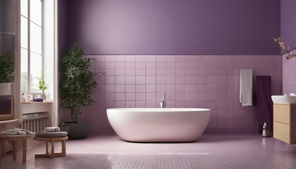 Fototapeta na wymiar Minimalist bathroom design: Purple tiles, wooden cabinet, mirror, and bathtub