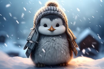 Sweet penguin chick, in snow coat, stands on wobbly feet - obrazy, fototapety, plakaty