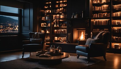 Comfortable fireplace room: Warm fire, bookshelves, and cozy armchairs - obrazy, fototapety, plakaty
