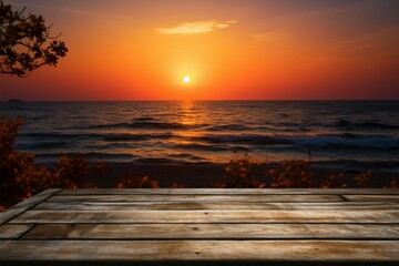 Fototapeta na wymiar Table by the shore Sea sunsets beauty on an empty wooden table