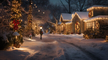 Fototapeta premium Decorated Christmas houses on a suburban snowy street. Ornaments, night, bright, illuminated, Generative AI