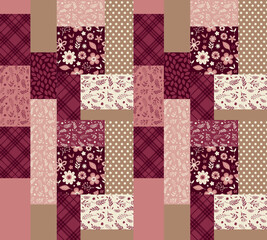 Vector abstract seamless patchwork pattern with geometric and floral ornaments, stylized flowers. Vintage boho style. kintsugi