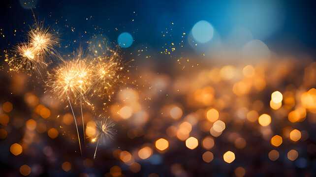 Photograph fireworks exploding against a deep blue and gold background with bokeh, representing the grand fireworks shows on New Year's Eve.
