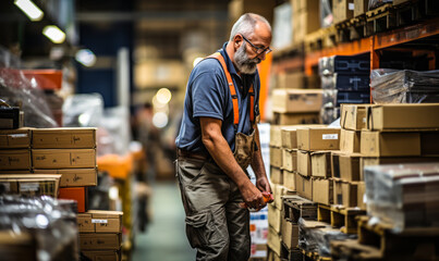 Employee Walking Through Warehouse Shelves for Oversight