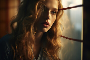 Ethereal Essence Abstract Portrait of a Blonde Woman in an Enigmatic and Moody Atmosphere. created with Generative AI