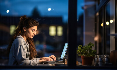 Female Entrepreneur Working Late at Night, Viewed Through Window