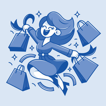 Whimsical illustration of a joyful woman surrounded by shopping bags. Celebrating the excitement of retail sales. Ideal for advertising, sales events, and fashion. Monochrome blue vector art.
