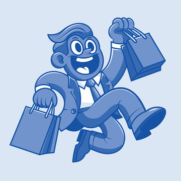 Vibrant cartoon character enjoying shopping spree. Energetic male with shopping bags in a dynamic pose. Perfect for retail, sales, and shopping promotions. Vector illustration in monochrome blue.