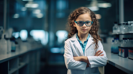 Little girl portrays a scientist in a classroom or lab. - obrazy, fototapety, plakaty