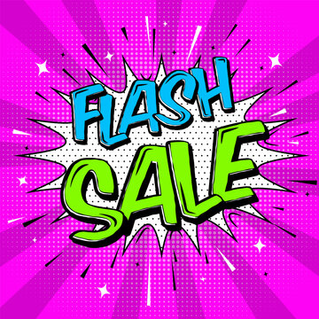 Flash sale banner in pop art comic cartoon style. Speech bubble, halftone and beams with expressive text, stars, bubble, sparks and Lines. Template design for labels, flyers, posters advertise.