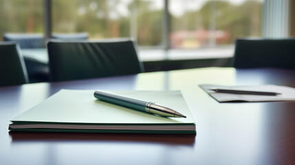 Pen and notepad on a boardroom table, for meeting discussion and brainstorming - obrazy, fototapety, plakaty