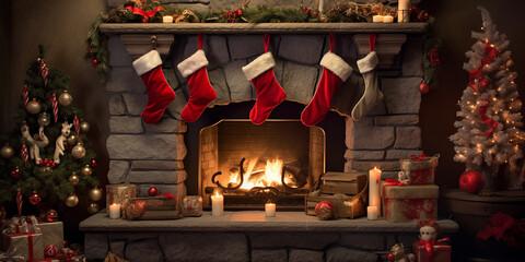 Christmas stocking on the fireplace, Christmas gifts, Christmas presents, winter hollidays  - obrazy, fototapety, plakaty