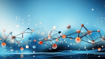 Horizontal blue banner with polygonal model of molecule with orange dots. Science and technology advertising with copyspace