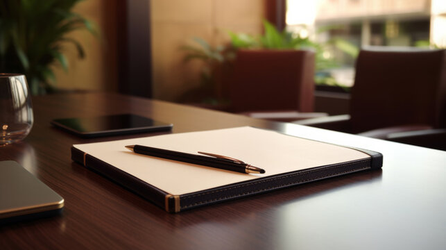 Pen and notepad on a boardroom table, for meeting discussion and brainstorming