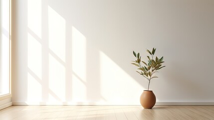  a vase with a plant in it on a wooden floor.  generative ai