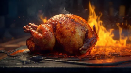 Foto op Plexiglas Un poulet rôti au four. Gros plan sur la viande avec fond de flammes. Alimentation, fast food, nourriture. Pour conception et création graphique. © FlyStun