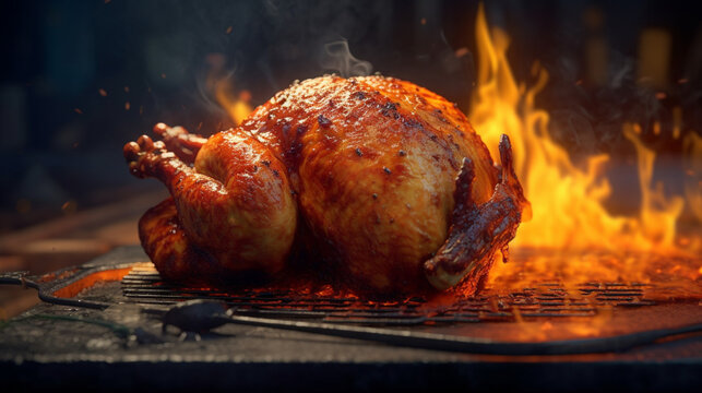 Un poulet r&ocirc;ti au four. Gros plan sur la viande avec fond de flammes. Alimentation, fast food, nourriture. Pour conception et cr&eacute;ation graphique.