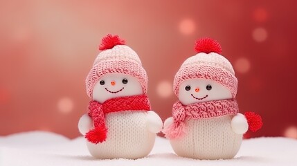  two snowmen wearing hats and scarves in the snow.  generative ai