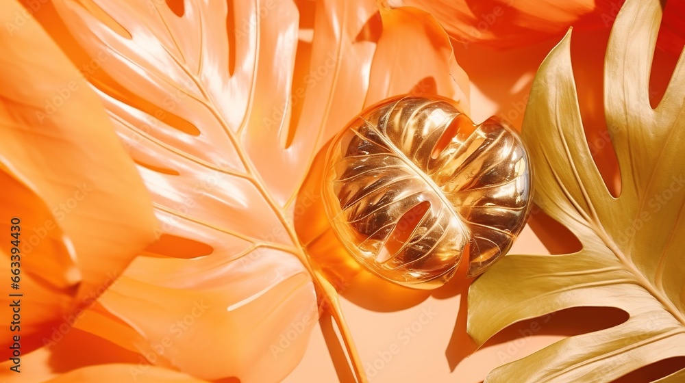 Poster a close up of a gold object on a table with leaves. generative ai