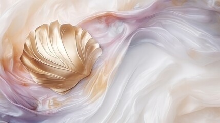  a gold shell on a white and pink background with a gold leaf.  generative ai
