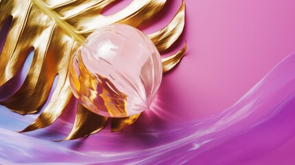  a pink and gold object on a pink and blue background with a gold leaf on top of the object and a pink and blue background with a gold leaf.  generative ai