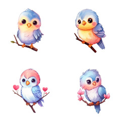set of happy cute lovebird watercolor illustrations for printing on baby clothes, pattern, sticker, postcards, print, fabric, and books