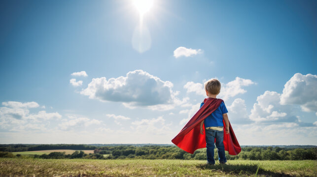 Smiling superhero boy on blue sky background