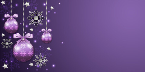 Purple Christmas background with beautiful holiday balls, snowflakes, silver stars and place for text. New Year background.