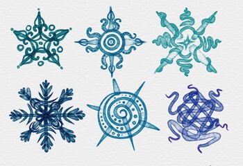 watercolor set of snowflakes, different snowflakes, sea snowflakes