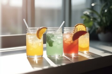 Refreshing summer citrus cocktails with hard seltzer and lemonade. Low-alcohol mocktails for a summer party. Sunlight and shadow on a banner. Generative AI