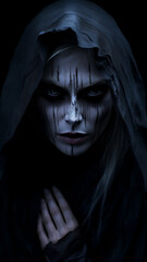 a portrait of a woman in a dark scary Halloween background. 