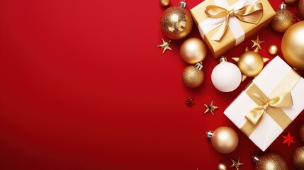  a red background with gold and white christmas ornaments and presents.  generative ai