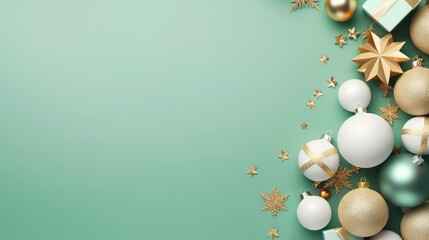  a green background with gold and white christmas ornaments and stars.  generative ai