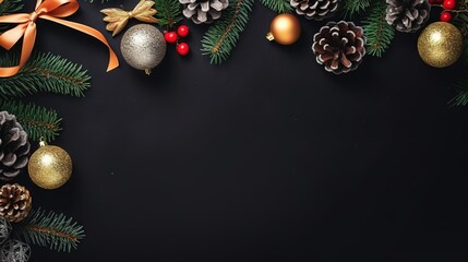  a black background with pine cones and christmas decorations on it.  generative ai