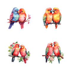 set of happy cute lovebird watercolor illustrations for printing on baby clothes, pattern, sticker, postcards, print, fabric, and books