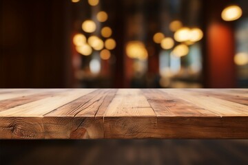 Versatile product display space empty wooden table with restaurant backdrop