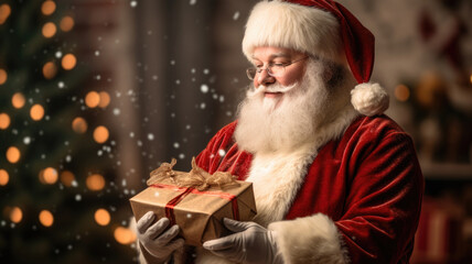 Santa Claus with a present in his hands. Merry Christmas