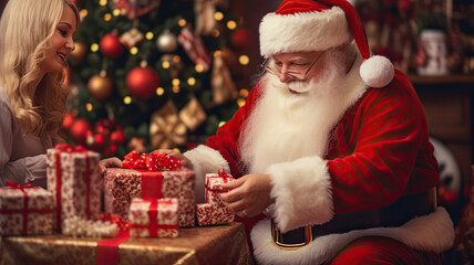 Fototapeta na wymiar Santa Claus preparing Christmas presents with a woman. Merry Christmas