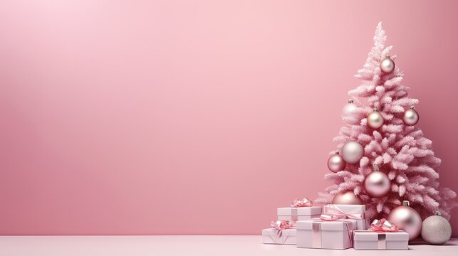  a pink christmas tree with presents under it on a table.  generative ai