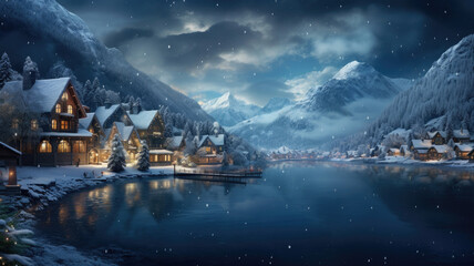 Beautiful snowy village on the shores of a lake with mountains and clouds in the background. Merry christmas - obrazy, fototapety, plakaty