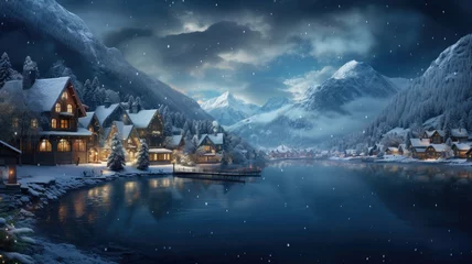 Fotobehang Beautiful snowy village on the shores of a lake with mountains and clouds in the background. Merry christmas © Pedro Llinas