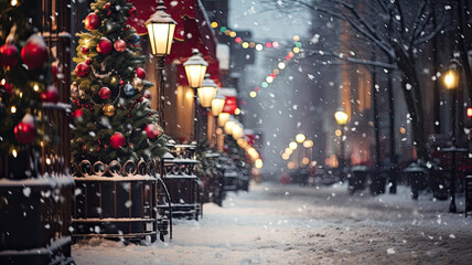 NY street at night snowing at Christmas time out of focus background. Merry Christmas - obrazy, fototapety, plakaty