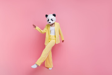 Full length photo of elegant 3d panda mask person dancing clubbing empty space ad isolated on pink...