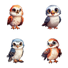 set of happy cute falcon watercolor illustrations for printing on baby clothes, pattern, sticker, postcards, print, fabric, and books
